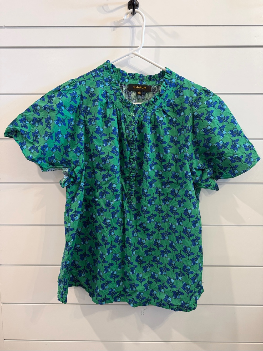 Sugarlips Green Floral Short Sleeve Blouse with Blue Print Size XL